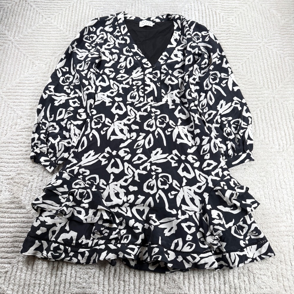 Tanya Taylor Silk Mini Dress Womens 4 Black White Abstract Ruffle Cocktail Party